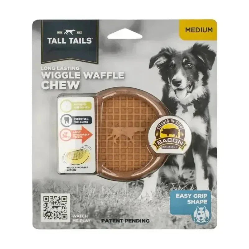 Tall Tails Wiggle Waffle Chew Dog Toy in bacon scent, medium size, with easy grip shape.