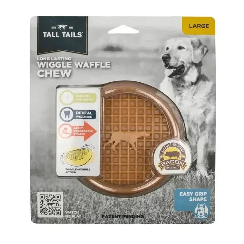 Tall Tails Wiggle Waffle Chew Dog Toy in bacon scent, large size, with waffle texture and dog image.
