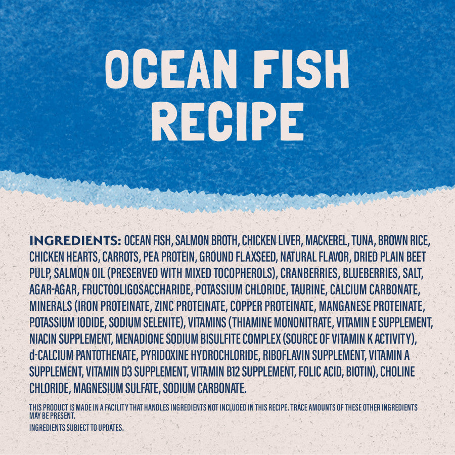 Natural Balance Ocean Fish Recipe wet cat food ingredients list featuring ocean fish, salmon broth, and essential vitamins.