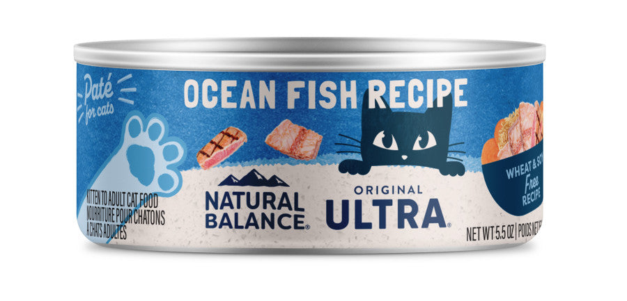 Natural Balance Ultra Premium Ocean Fish Recipe wet cat food, 5.5 oz can of grain-free pate for kittens and adult cats.