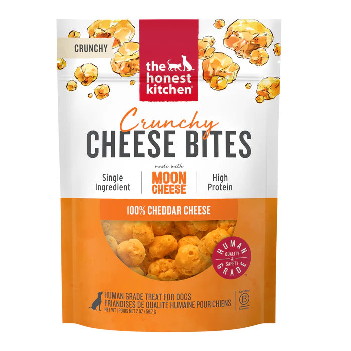 The Honest Kitchen crunchy cheddar cheese dog treats in a bag, made from 100% moon cheese