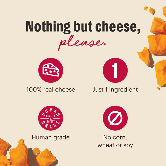 The Honest Kitchen cheddar cheese dog treats made with 100% real cheese and no artificial ingredients
