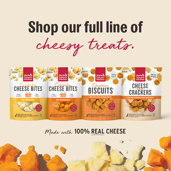 Assorted The Honest Kitchen cheese and crackers dog treats featuring cheese bites and biscuits