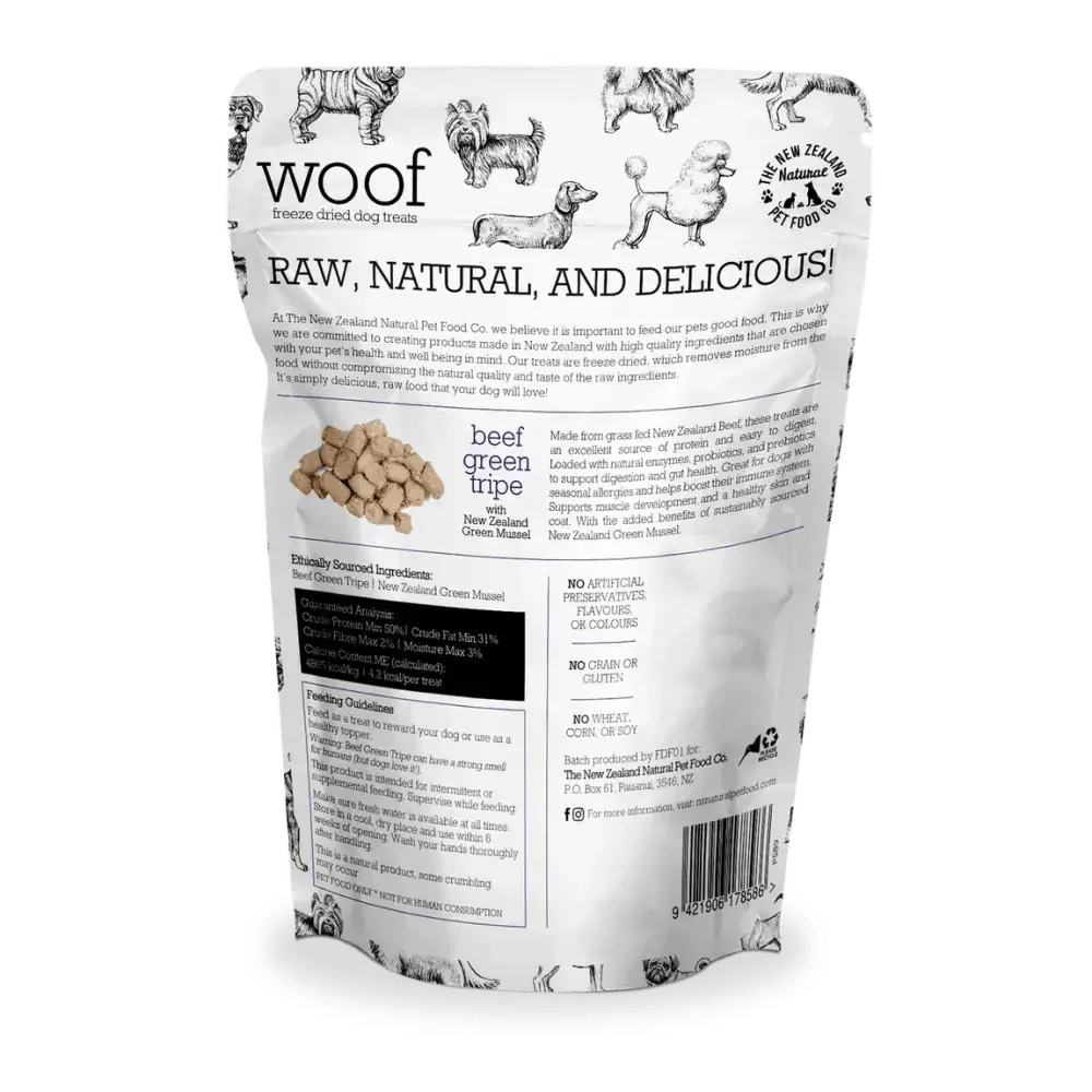 The New Zealand Natural Pet Food Co Woof Beef Green Tripe Dog Treats 1.4oz - Talis Us
