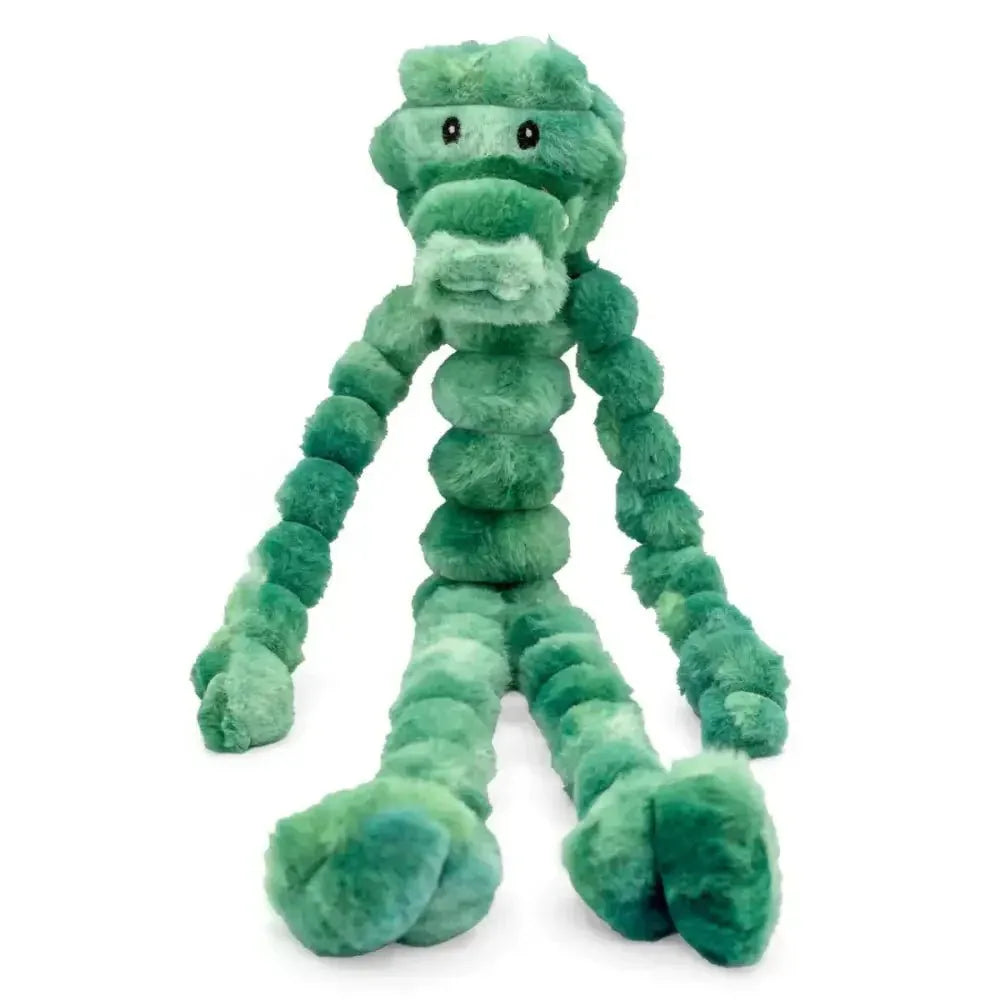 ThoozyPet alligator dog tug toy, 18 inches, featuring a green plush body with a segmented design and smiling face.