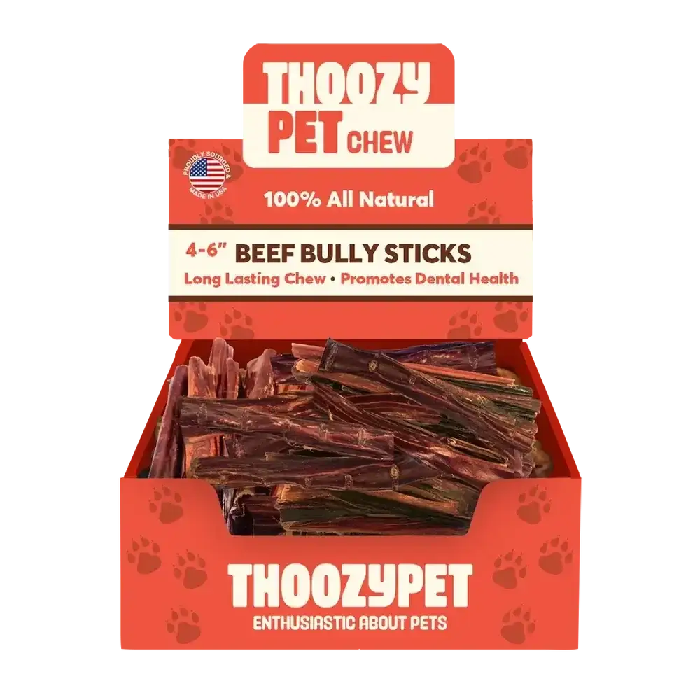 A box labeled ThoozyPet USA-Sourced Beef Bully Stick Dog Chews contains 4-6 inch treats. The packaging highlights 100% all natural, long-lasting chews that promote dental health for dogs.