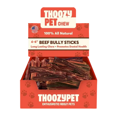 A box labeled ThoozyPet USA-Sourced Beef Bully Stick Dog Chews contains 4-6 inch treats. The packaging highlights 100% all natural, long-lasting chews that promote dental health for dogs.