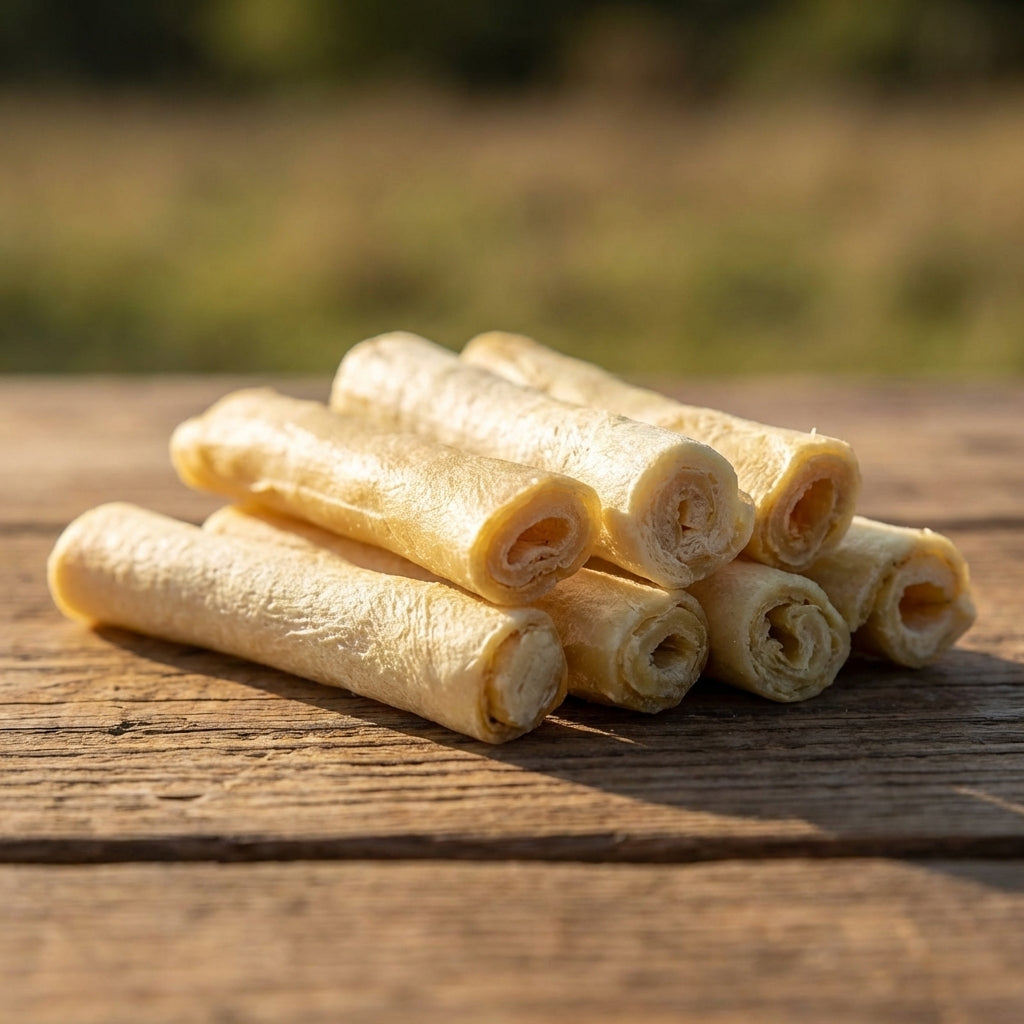 Macro shot of a small cow tail dog treat with natural beef fibers and earthy color, emphasizing its crunchy texture.
