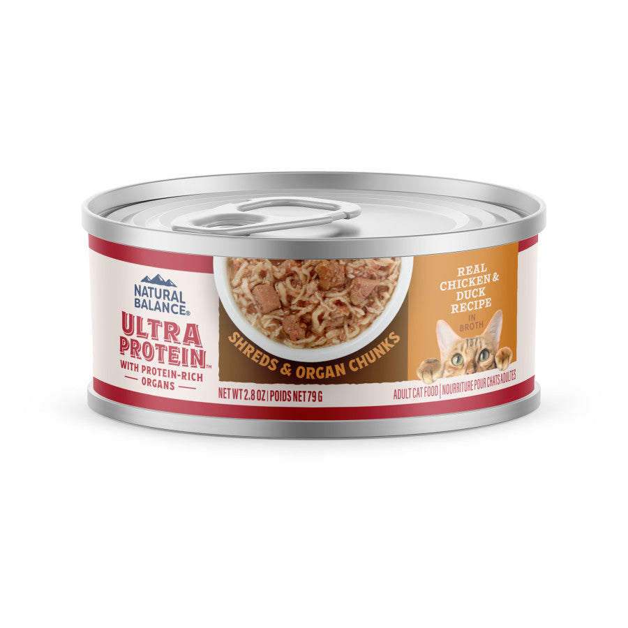 Natural Balance Ultra Protein Chicken and Duck canned wet cat food with shredded meat and organ chunks in broth.