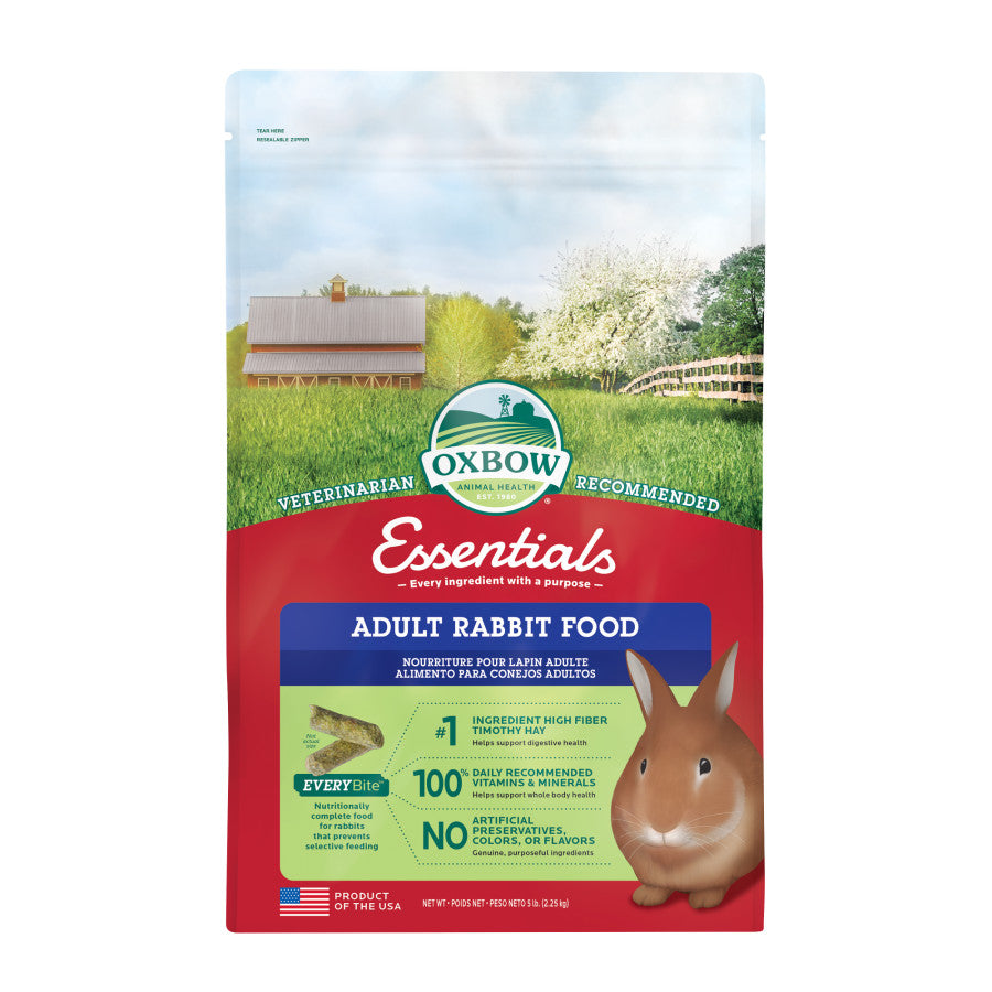 Oxbow Essentials Adult Rabbit Food bag featuring a brown rabbit and a farm landscape.