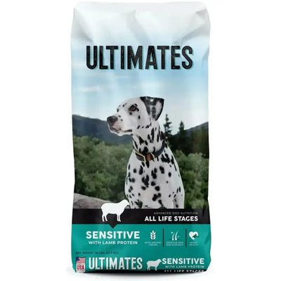 Ultimates sensitive stomach dog food with lamb protein for all life stages in a 30-pound bag