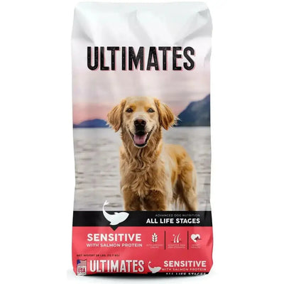 Ultimates sensitive stomach dog food in a 25 lb bag, suitable for all life stages with salmon protein