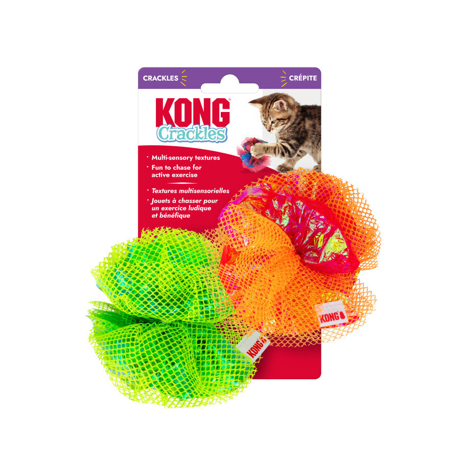 KONG Cat Toy Balls - Assorted crackle fluff balls in green and orange, designed for engaging feline play and exercise.