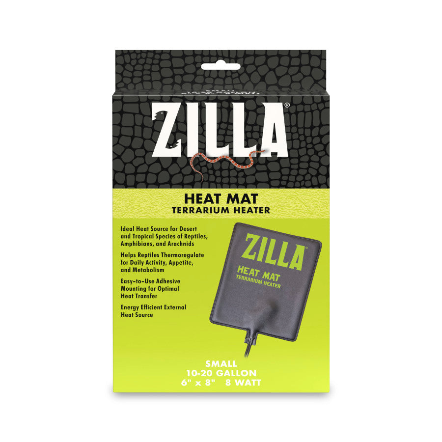 Zilla Heat Mat Terrarium Heater packaging for 10-20 gallon tanks, 6x8 inches and 8 watts.