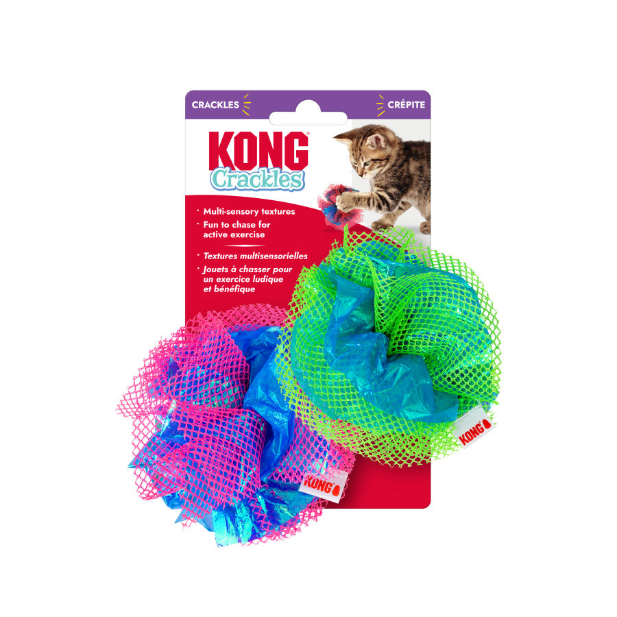 KONG Cat Toy Balls - Assorted crackle fluff balls in blue and green mesh for engaging feline fun and exercise.