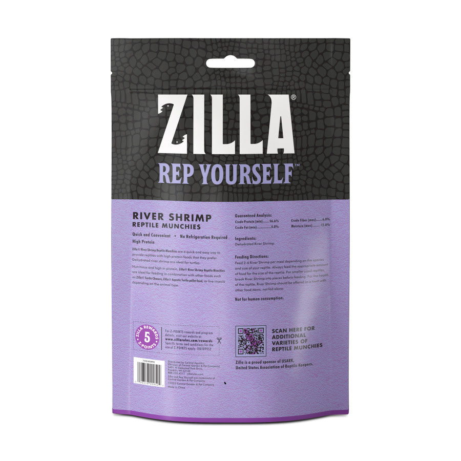 Zilla Freeze Dried River Shrimp Munchies for Reptiles, featuring a purple and black packaging with nutritional information.