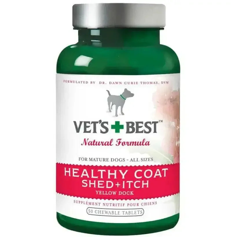 Vets Best Healthy Coat Shed and Itch, 50 ct, is a supplement for mature dogs of all sizes. With yellow dock, it helps control shedding and relieve itching. From Vets Best.
