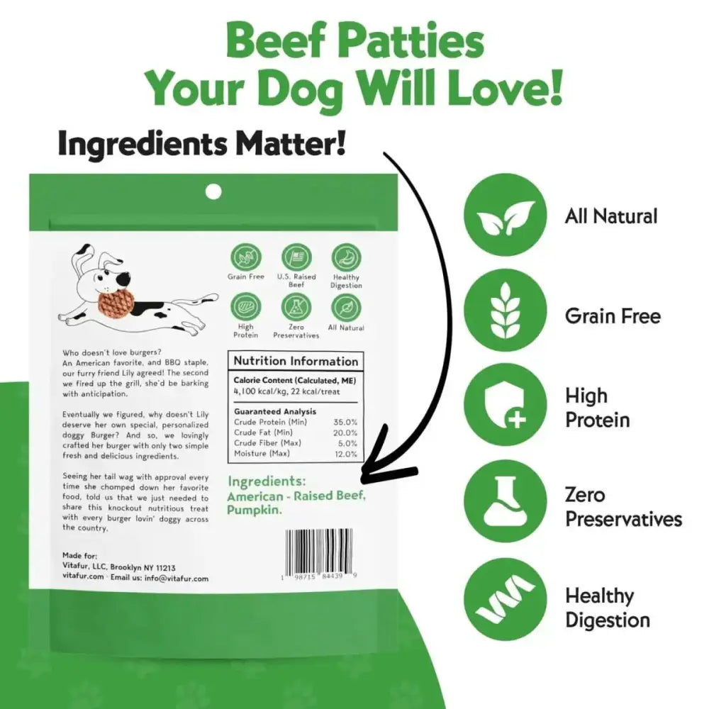 Vitafur Barkin Burger Beef & Pumpkin Dog Treat 4 oz - Talis Us