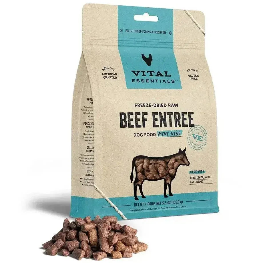 Vital Essentials freeze dried beef dog food in mini nibs, offering high-quality nutrition for dogs