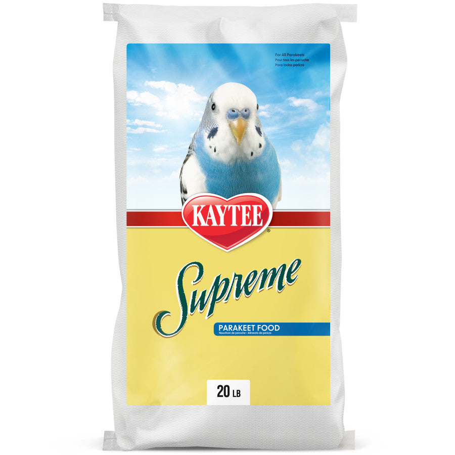 20 lb bag of Kaytee Supreme Parakeet Food featuring a blue and white parakeet on the label.
