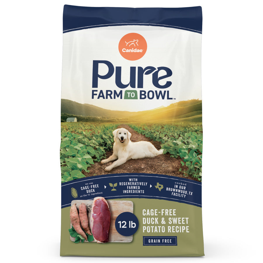 CANIDAE PURE grain-free duck and sweet potato dog food bag for picky eaters.