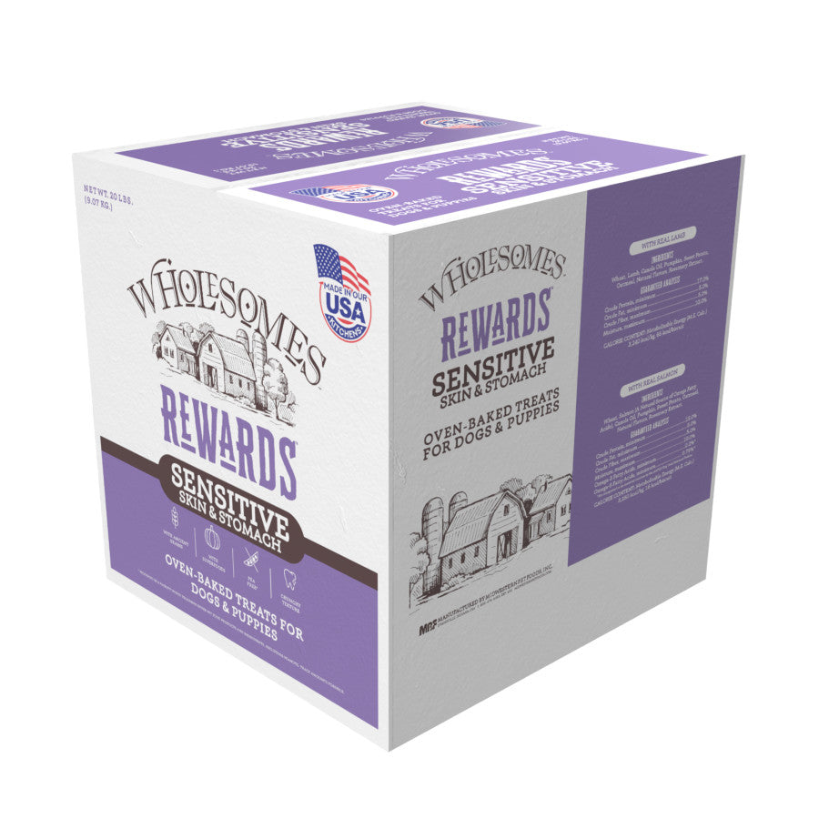 Talis Us Wholesomes Rewards Sensitive Skin Dog Biscuits box featuring real lamb, designed for stomach health, with a purple a