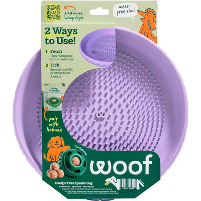 Woof Pet flying disc dog toy for fetch and lick play, designed for fun and exercise