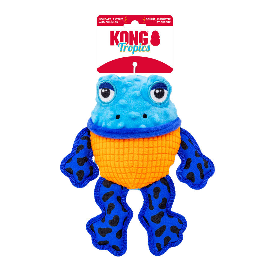 KONG Tropics Rattlez Frog Toy features a blue and orange frog design with rattle, perfect for interactive pet playtime.