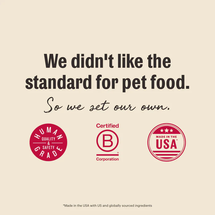 Text graphic stating "We set our own standard" with Human Grade, B Corp, and Made in USA logos.
