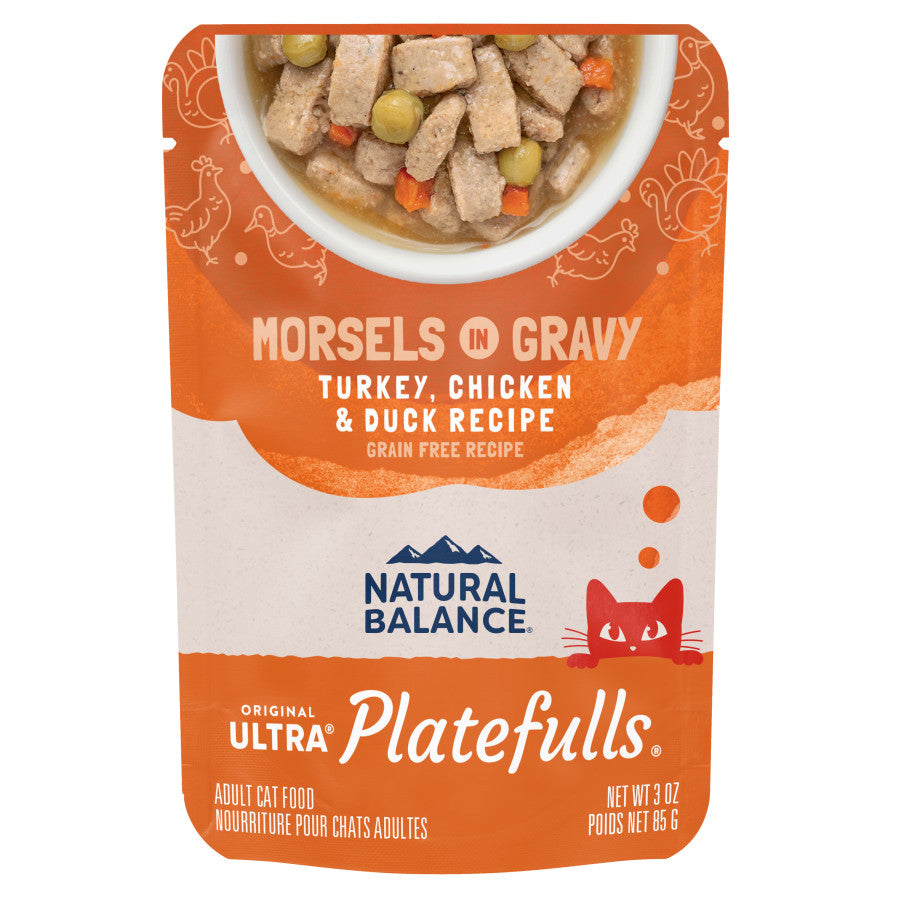 Natural Balance Cat Wet Food Platefulls Turkey, Chicken & Duck Formula in Gravy, 3 oz pouch, grain-free recipe, 24 pack.