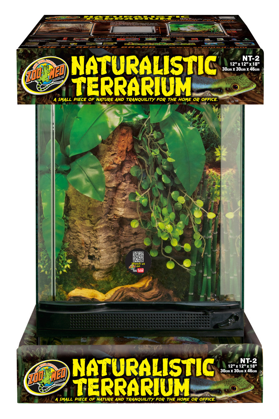 Zoo Med Naturalistic Terrarium 12"x12"x18" featuring a lush green interior with plants and a textured background for reptiles