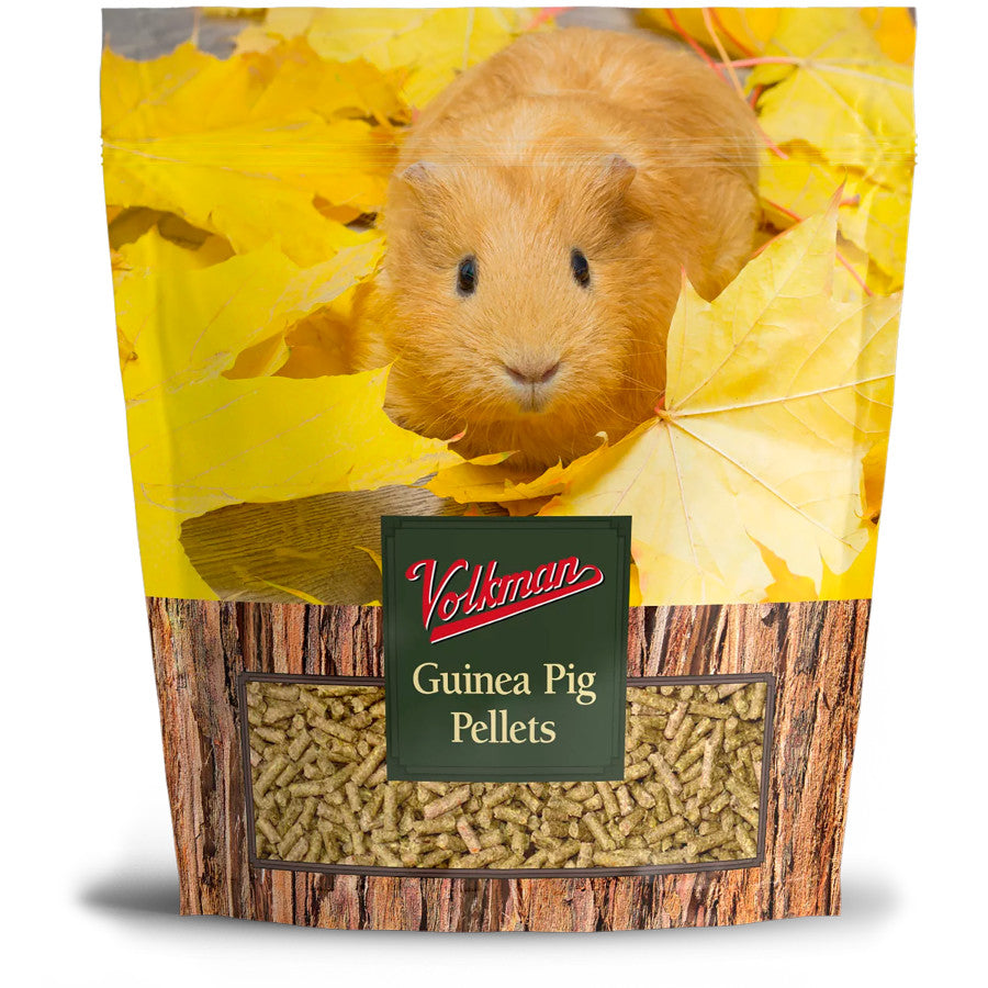 Volkman Guinea Pig Pellets bag featuring a guinea pig in yellow leaves and a clear window of food.