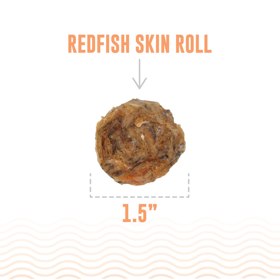 A 1.5-inch round Icelandic redfish skin roll dog treat shown from a top-down view.