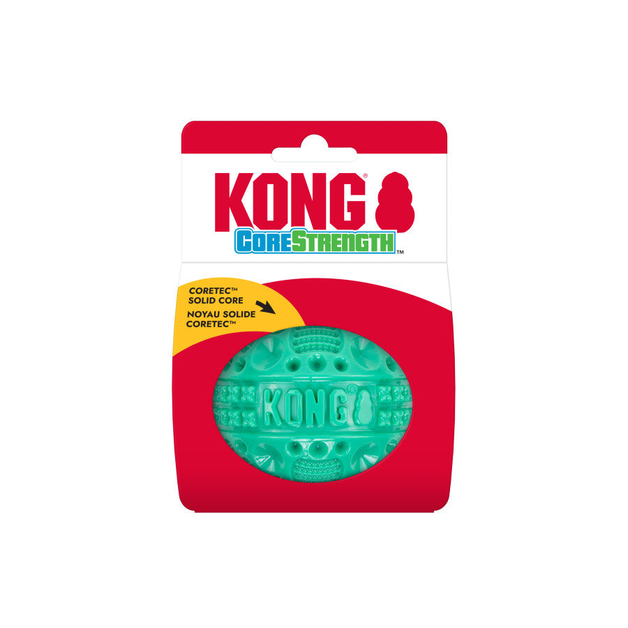 KONG Corestrength Ball Dog Toy in teal packaging, featuring a durable, textured ball designed for playful pups.