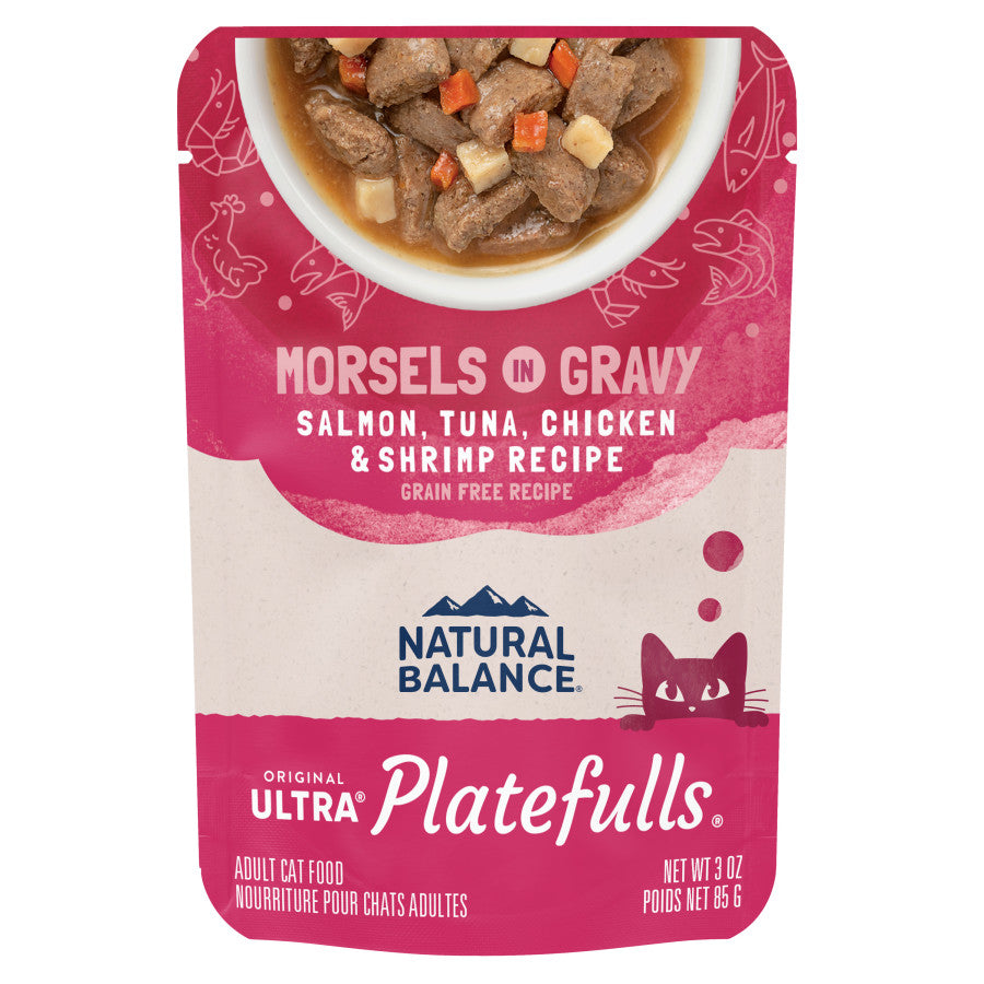Natural Balance Platefulls Salmon, Tuna, Chicken & Shrimp Morsels in Gravy 3 oz cat food pouch.