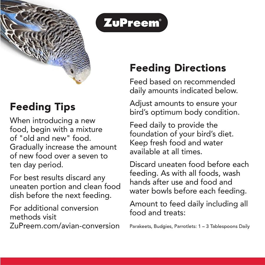 ZuPreem feeding directions and tips for parakeets, budgies, and parrotlets with a bird illustration.