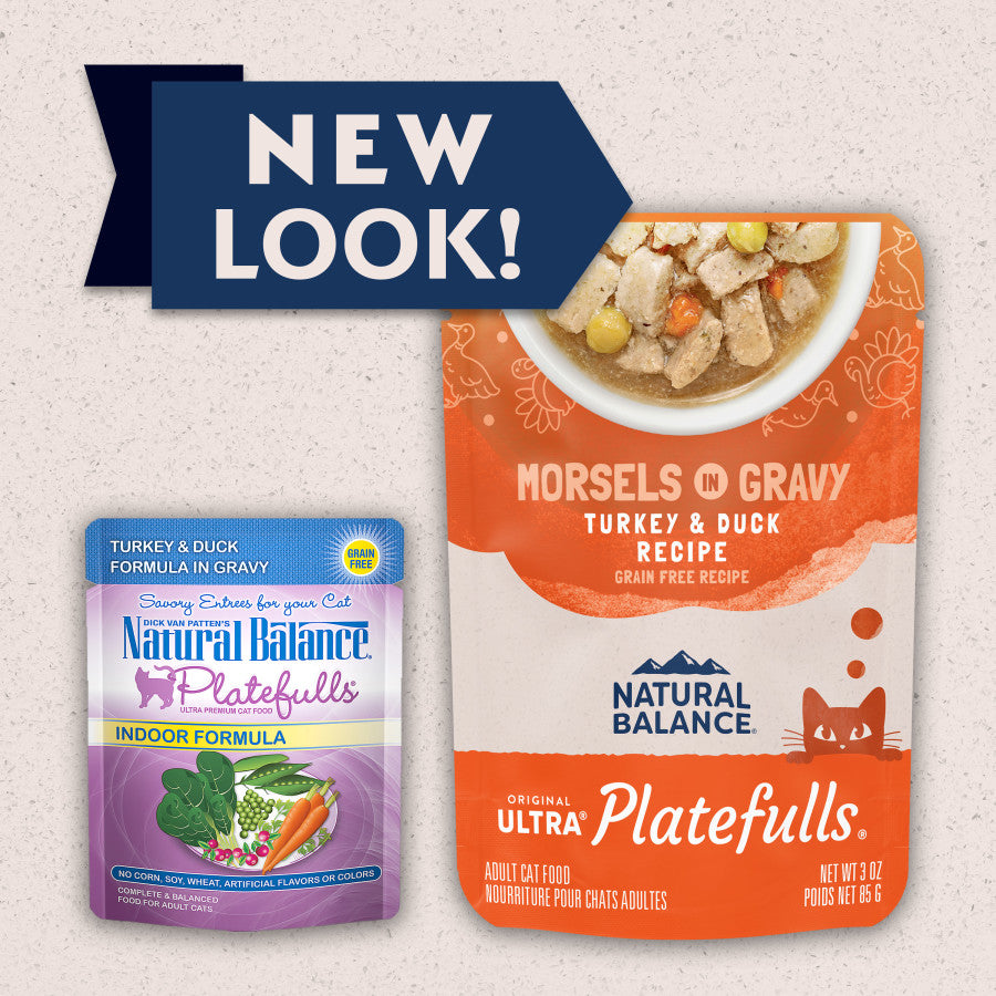 Natural Balance Turkey Duck Cat Food - Platefulls Indoor Gravy Wet Food for Cats. Features a new look with two pouches: one w