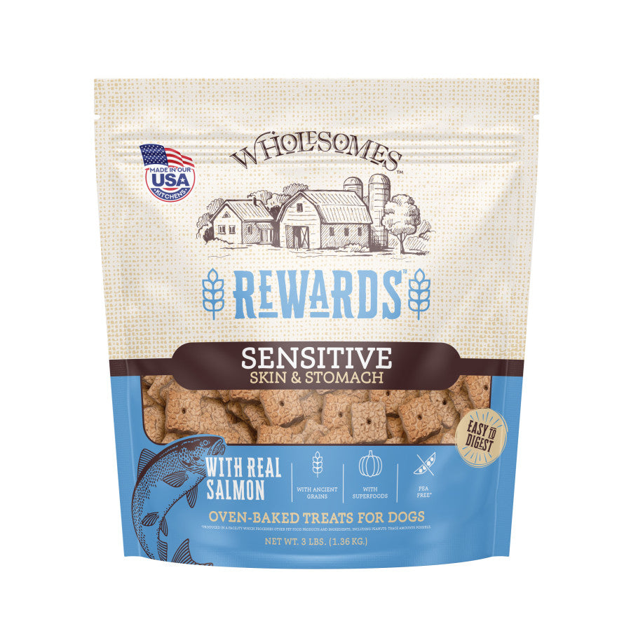 Talis Us Wholesomes Rewards Sensitive Skin Dog Biscuits with Real Salmon, oven-baked treats for dogs, 16 oz package.