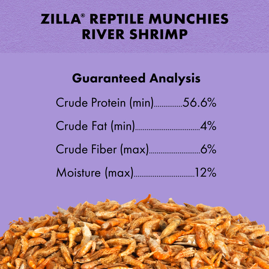Zilla Freeze Dried River Shrimp Munchies for reptiles, featuring nutritional analysis and a pile of shrimp snacks.