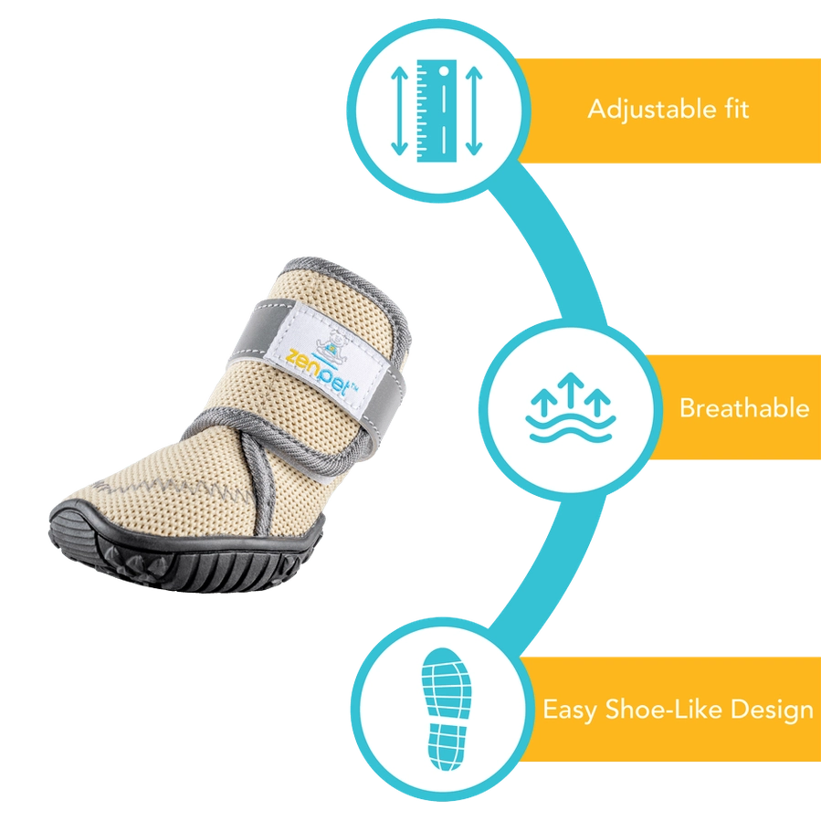 ZenPet protective dog boots in tan color with adjustable fit and breathable design for added comfort