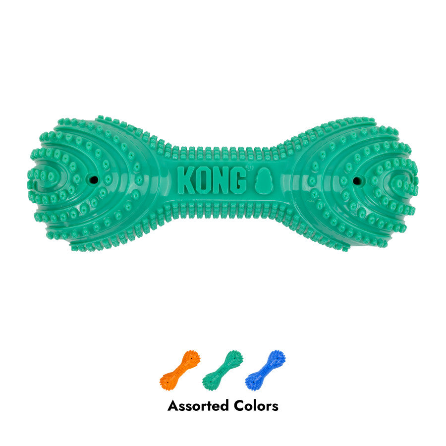 KONG Corestrength Dumbbell Dog Toy in vibrant green, featuring textured surfaces for grip and play. Assorted colors available