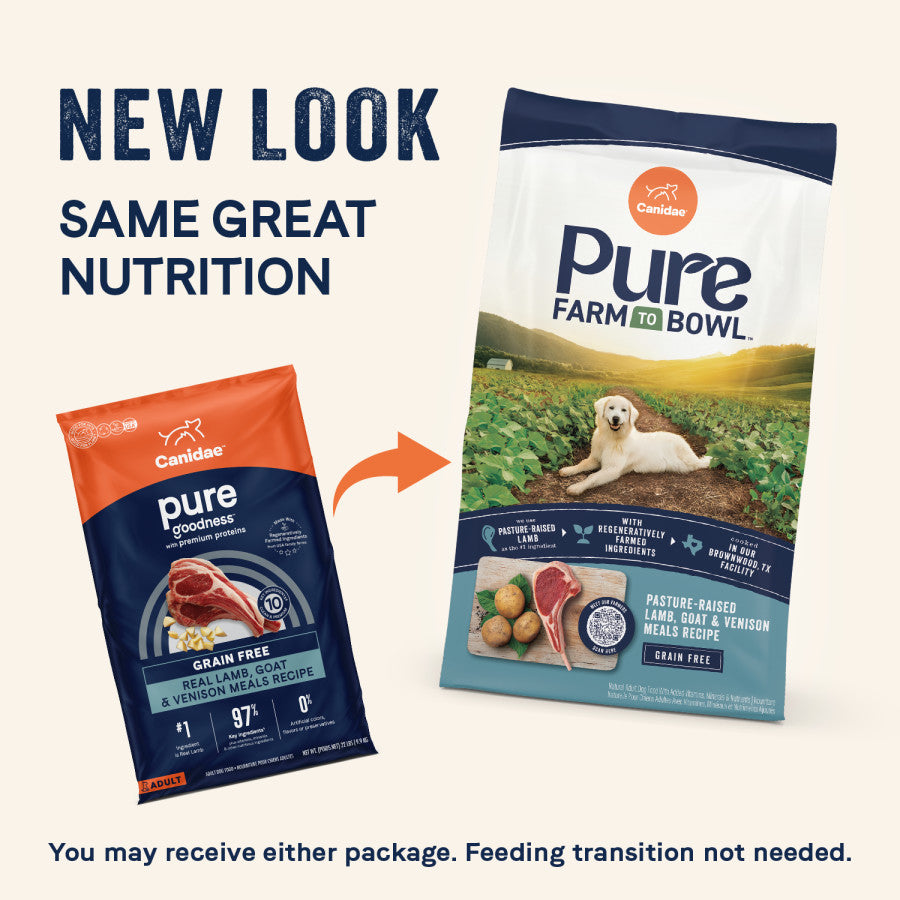 Talis Us CANIDAE PURE Grain-Free Dry Dog Food featuring real lamb, goat, and venison meals, showcasing new packaging designs.