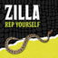 A snake rests on hypo-allergenic Zilla Snake Bedding Lizard Litter against a textured yellow surface, beneath bold white text Zilla® and green REP YOURSELF on a black reptile-patterned background.
