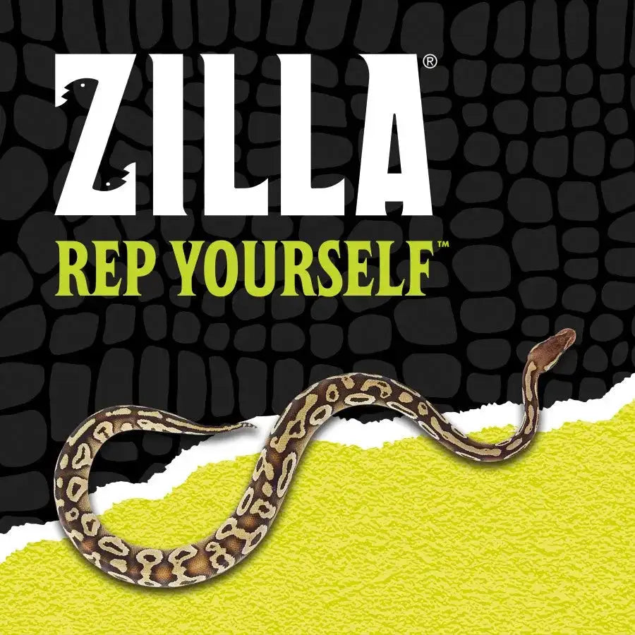 A snake rests on hypo-allergenic Zilla Snake Bedding Lizard Litter against a textured yellow surface, beneath bold white text Zilla® and green REP YOURSELF on a black reptile-patterned background.