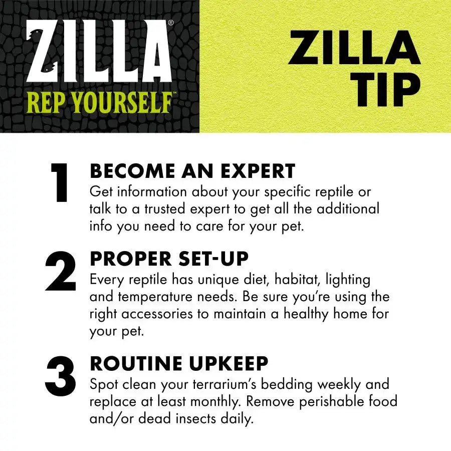 Image showcasing a graphic titled ZILLA TIP with reptile care advice. It includes three points: 1. Consult a specialist to become an expert. 2. Set up proper diet, habitat, and lighting. 3. Keep routine upkeep with fresh bedding like Zilla® Snake Bedding Lizard Litter Natural and food.