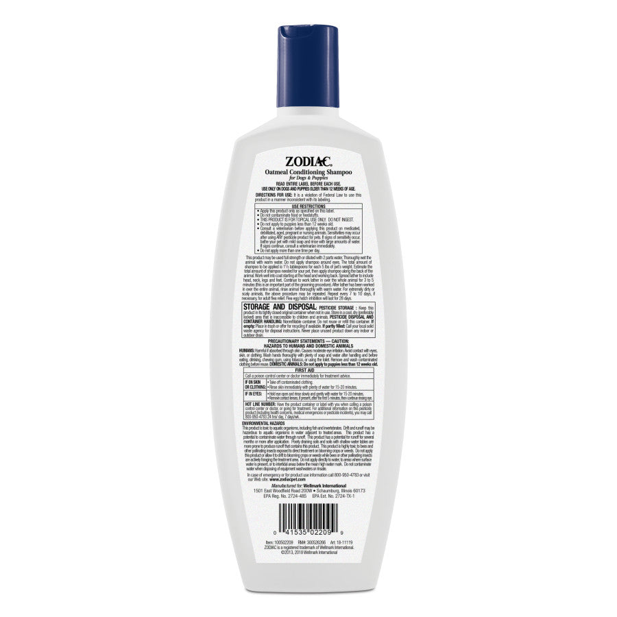 Back label of Zodiac Oatmeal Conditioning Shampoo for Dogs and Puppies with usage instructions.
