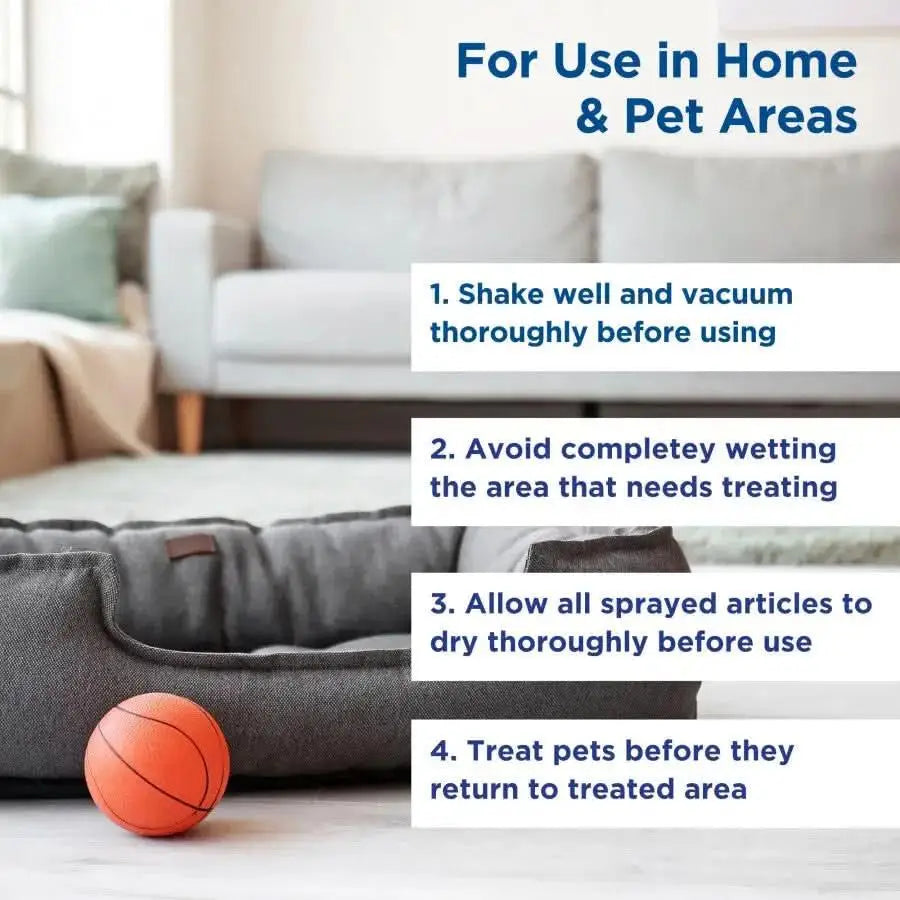 A living room with a sofa and dog bed, plus a small basketball. Text gives safe cleaning tips for pet areas using Zodiac® CPD Carpet and Upholstery Aerosol Spray 16 oz—shake, vacuum, spray, and let dry before pets return.
