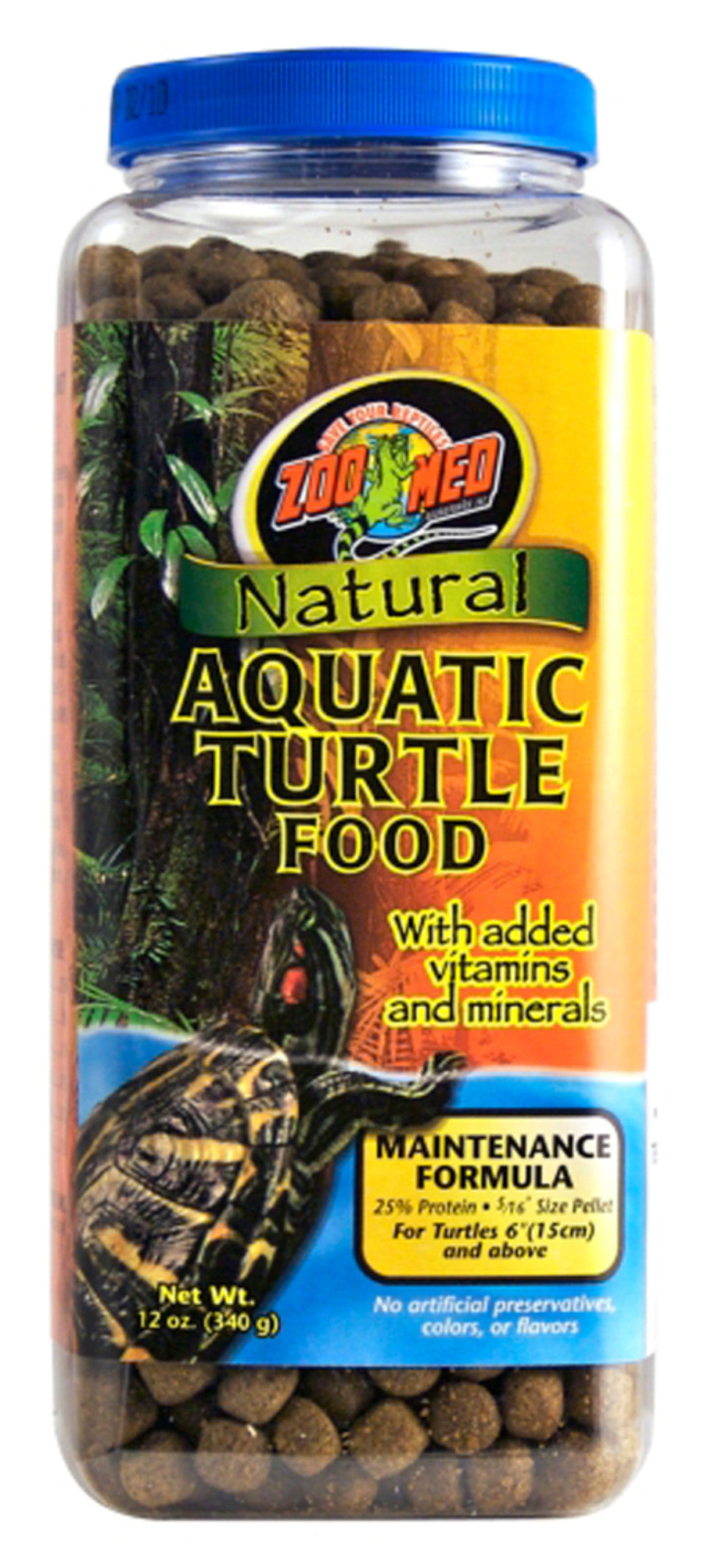 Zoo Med Laboratories Natural Aquatic Turtle Food Pellets with added vitamins and minerals in a clear jar