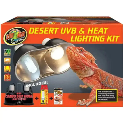 Zoo Med Laboratories desert reptile UVB heat lamp kit with lighting fixture and included accessories