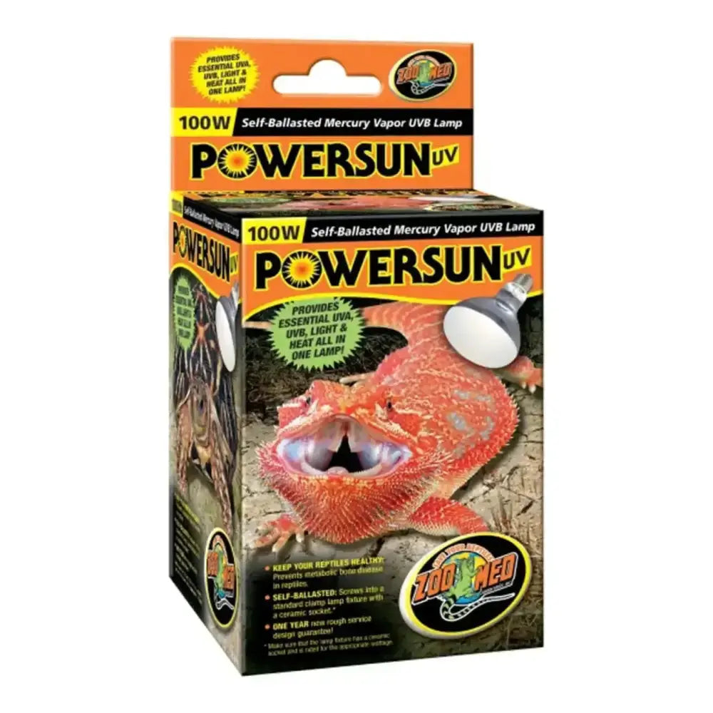 Zoo Med Powersun UV 100W mercury vapor lamp for reptiles in packaging designed for optimal use